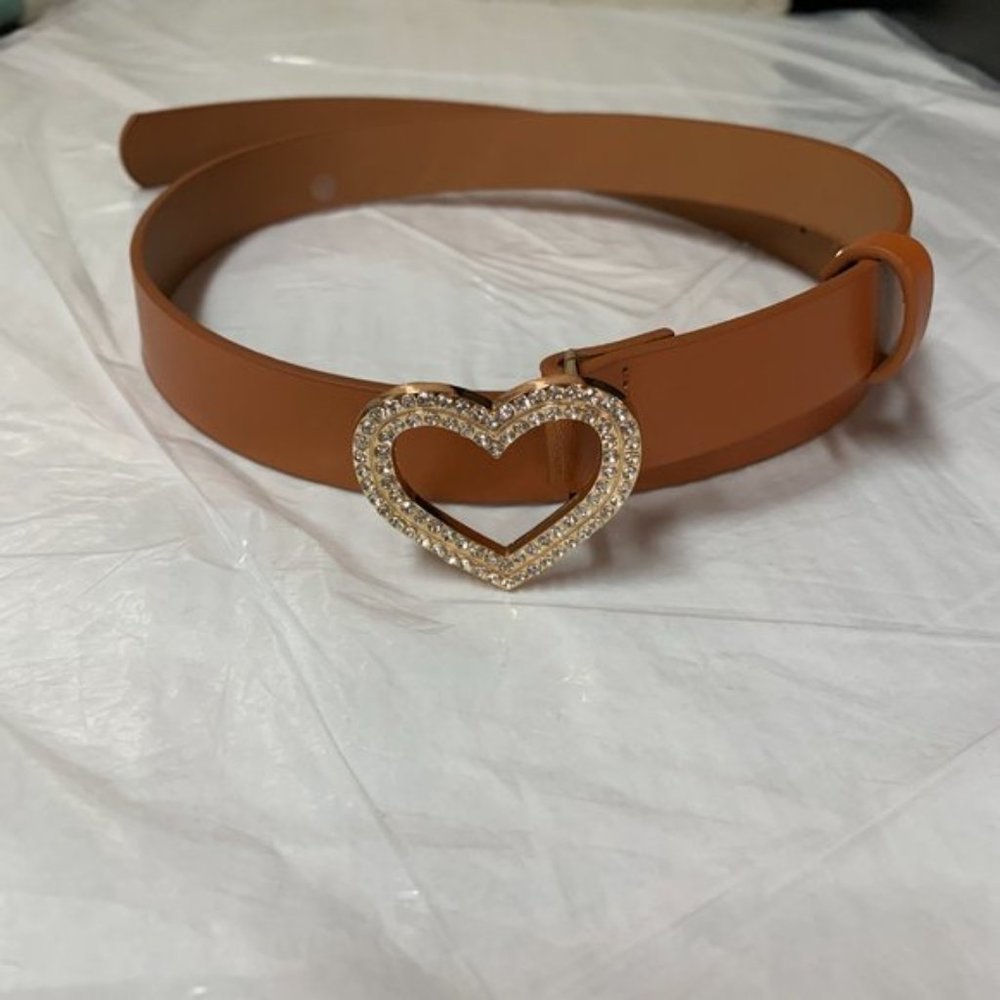 Brown Vegan Leather Heart Shape Buckle Belt - Picture 4 of 4